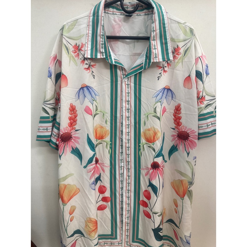 Manfinity Mens 5XL Floral Botanical Button Up Shirt Short Sleeve White Teal